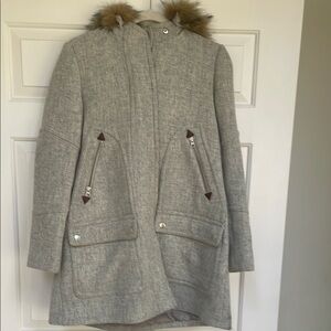Gray Hooded Women's Coat with Faux Fur Trim jcrew